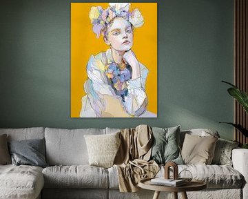 Ausdrucksstarkes Blumenporträt auf ockergelbem Hintergrund - moderne Linienkunst mit sanften Farben