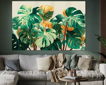 Monstera Leaves Tropical Rhythm in Green and Yellow by Eva Lee