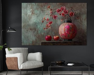 Red Flowers with Oriental Lantern - Elegant Still Life