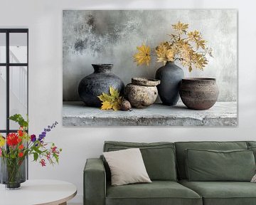 Ceramic Vases with Autumn Leaves - Restful Still Life