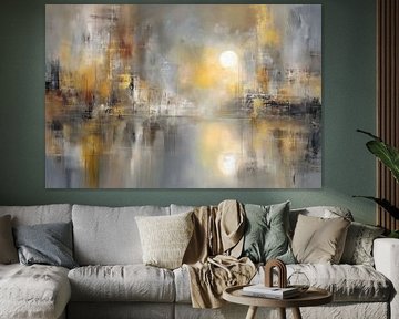 Abstract Landscape - Gold and Misty Sunrise Dreamy Painting