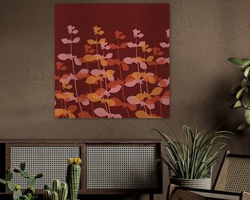 Blätter in Terra, Gelb, Rosa auf Weinrot. Herbstliche Botanik von Dina Dankers