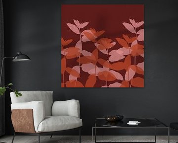 Zarte Blätter in Rosa, gebranntes Orange auf Weinrot. Herbstliche Botanik von Dina Dankers