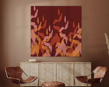 Blätter in Terra, Rosa, Gelb auf Weinrot. Herbstliche abstrakte botanische von Dina Dankers