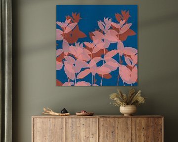 Moderne minimalistische botanische Kunst. Rosa und Terra Blätter auf blau von Abstrakte minimalistische Kunst