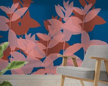 Moderne minimalistische botanische kunst. Roze en terra bladeren op blauw