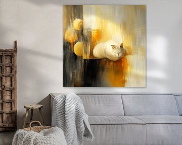 Le chat blanc dans le crépuscule d'or | Le point de repos à la maison sur Karina Brouwer