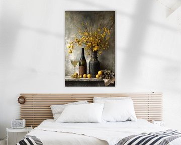 Flowers and Wine Still Life - Yellow Elegant Painting