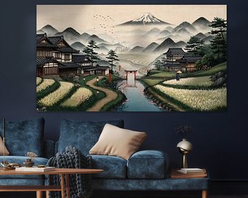 Beschauliche japanische Landschaft mit dem Berg Fuji und dem roten Torii-Tor von febri anto