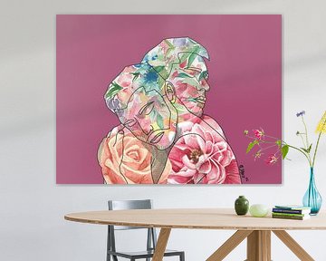 Pure Love - Gay Couple, Floral Watercolor &amp ; Digital Line Art, Gay Couple Embracing Illustration, Pride Poster sur Chrz - AquaPixelFusion