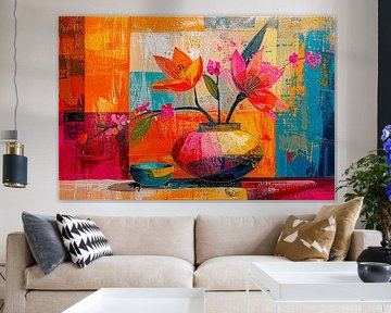 Modern abstract Stilleven in vrolijke, verzadigde  kleuren van Studio Pieternel