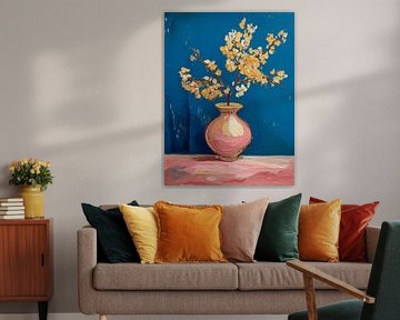 Modern abstract bloesem stilleven in roze en blauw van Studio Pieternel