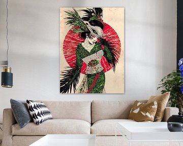 Masque-Geisha à plumes - L'élégance dans le cercle rouge sur A.D. Digital ART