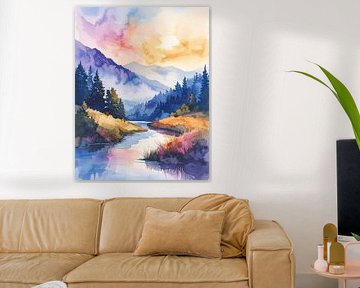 Pastel Berg Rivierlandschap Aquarel van Adi Prasetyo