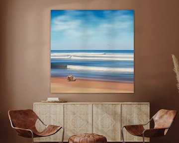 Tranquil sea view with seagull and stone block by Dirk Wüstenhagen