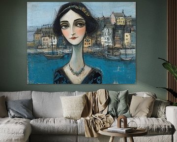 Lofoten schilderij | Vrouw in Harmonieuze Blauwtint van Abstract Schilderij