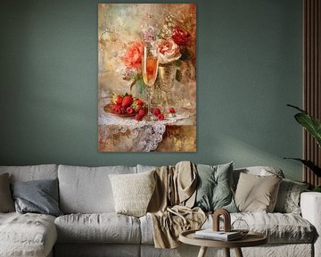 Champagne and Roses Still Life - Romantic and Elegant Painting by Joriali photography and paintings