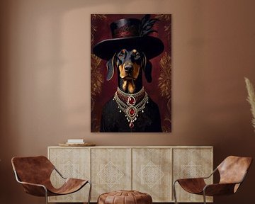 Chien Doberman en robe victorienne
