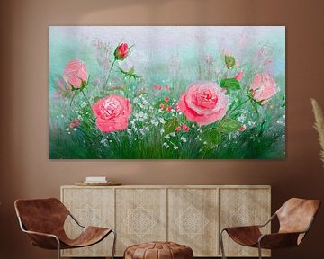 Aquarell von Rosen und Schleierkraut im Beet von Studio Pieternel