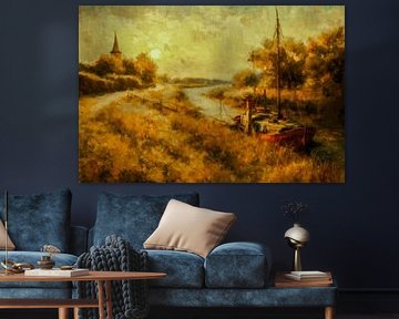 An old ship is moored in a polder village