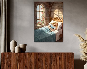 Illustration of Sleeping Woman in Bed by Window with Roses