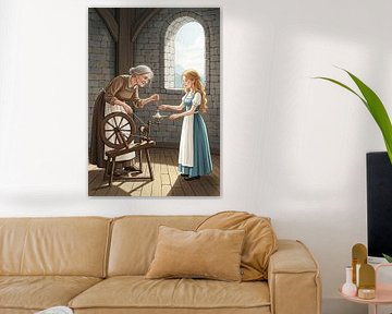 Woman Using Spinning Wheel Beside Young Woman