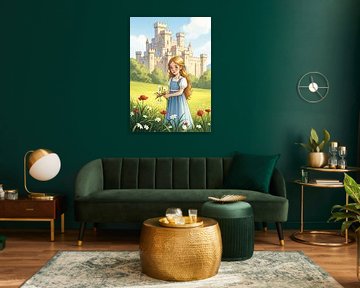 Girl Holding Flowers in Meadow with Castle Backdrop
