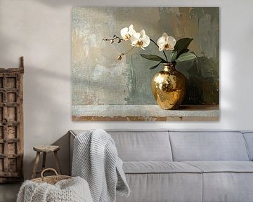 Minimalist painting orchid with gold vase and army green background by Emiel de Lange