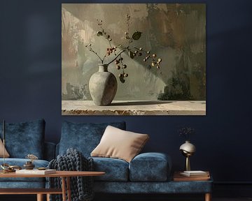 Concrete vase with branch - army green artwork by Emiel de Lange