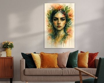 Enigme de la nature : Portrait de femme à l'aquarelle avec des éléments botaniques