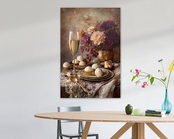 Champagne and Flowers Still Life - Elegant and Luxurious Painting by Joriali photography and paintings