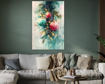 Une aquarelle représentant des décorations de Noël aux douces nuances turquoise et rose chaud, entourées de branches de pin et de lumières dorées. La technique fluide de l'aquarelle crée une interprétation moderne et onirique des décorations de Noël classiques, où les couleurs se fondent subtilement sur un fond clair de délicats flocons de neige. sur Studio BB