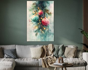 Eine Aquarellkomposition von Weihnachtsschmuck in zarten Türkis- und warmen Rosatönen, umgeben von Tannenzweigen und goldenen Lichtern. Die fließende Aquarelltechnik erzeugt eine verträumte, moderne Interpretation klassischer Weihnachtsdekorationen, wobei die Farben vor einem hellen Hintergrund aus zarten Schneeflocken sanft ineinanderfließen.