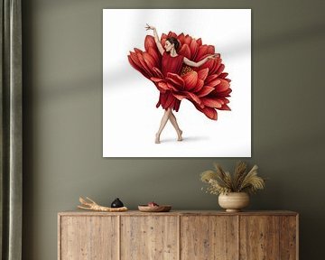 Woman in Red Dress with Flower Petals