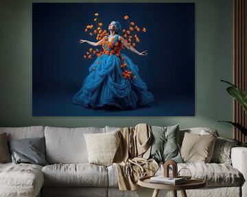 Woman in Blue Dress with Orange Flower Decorations
