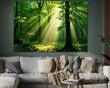 Sonnenbeschienener Laubwald mit Morgennebel von Markus Gann