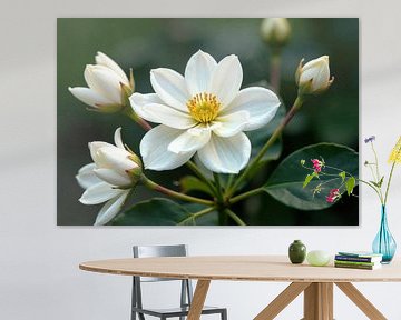 Weiße Blüte mit Knospen und grünem Laub von Markus Gann