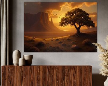 Digital Painting of a Desert Landscape with Tree at Sunset