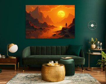 Menselijke figuur bij zonsondergang op een buitenaards landschap met grote maan van Markus Gann