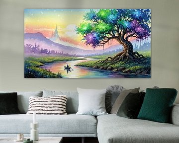 Watercolor Landscape with River, Boat, Tree, and Distant Castle. by Markus Gann