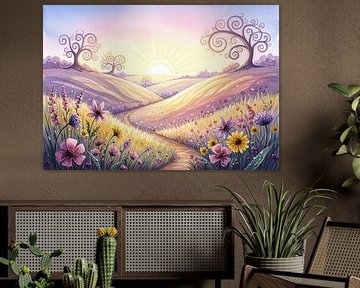 Aquarellandschap met pad, bomen en wilde bloemen van Markus Gann