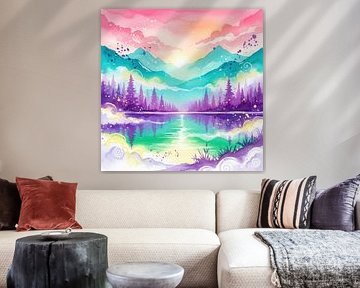 Aquarel Schilderij van Bergen, Meer en Bos van Markus Gann