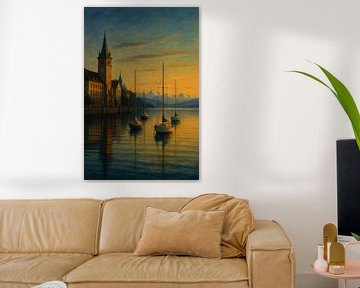 Sérénité du port de Constance - Crépuscule lacustre inspiré par Edward Hopper sur Travel Shop