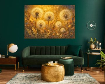 Dandelions with dandelion leaves in warm colours by Claudia Gründler