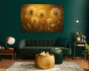 Pusteblumen mit Löwenzahnblättern in warmen Farben von Claudia Gründler