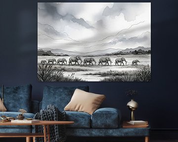 Ligne d'éléphants marchant dans une plaine herbeuse sur Markus Gann