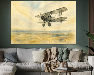 Sketch of a Biplane Flying Above Water