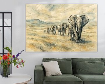 Dessin à l'aquarelle d'une ligne d'éléphants sur Markus Gann
