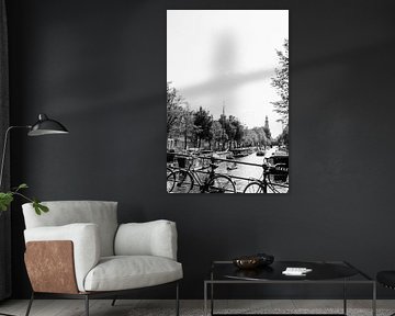 View of the Westertoren on the Prinsengracht in black and white by Suzanne Spijkers