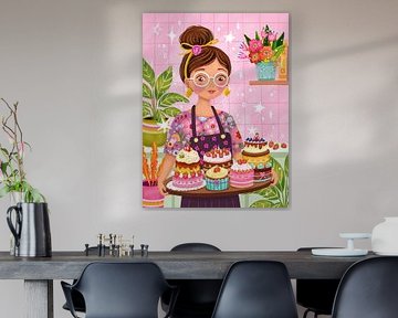 Woman with cakes pastry bakery colourful by Aniet Illustration